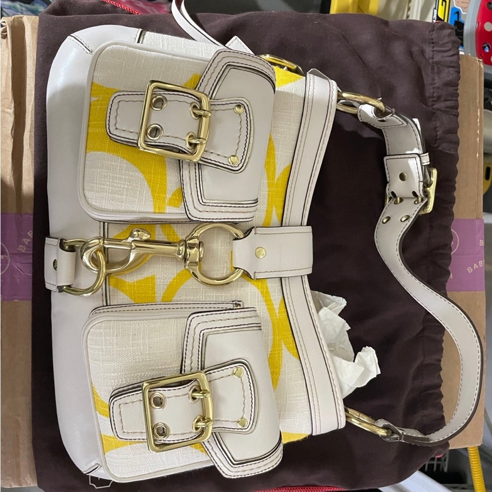White and yellow NWT Coach purse